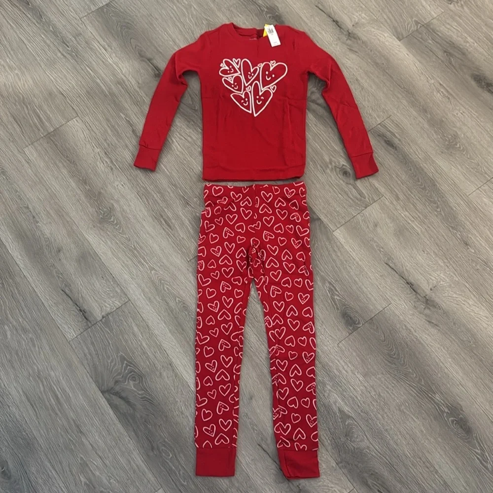 Old Navy Kids Medium Pajama Set Long Sleeve Long Pants with White Hearts NWT